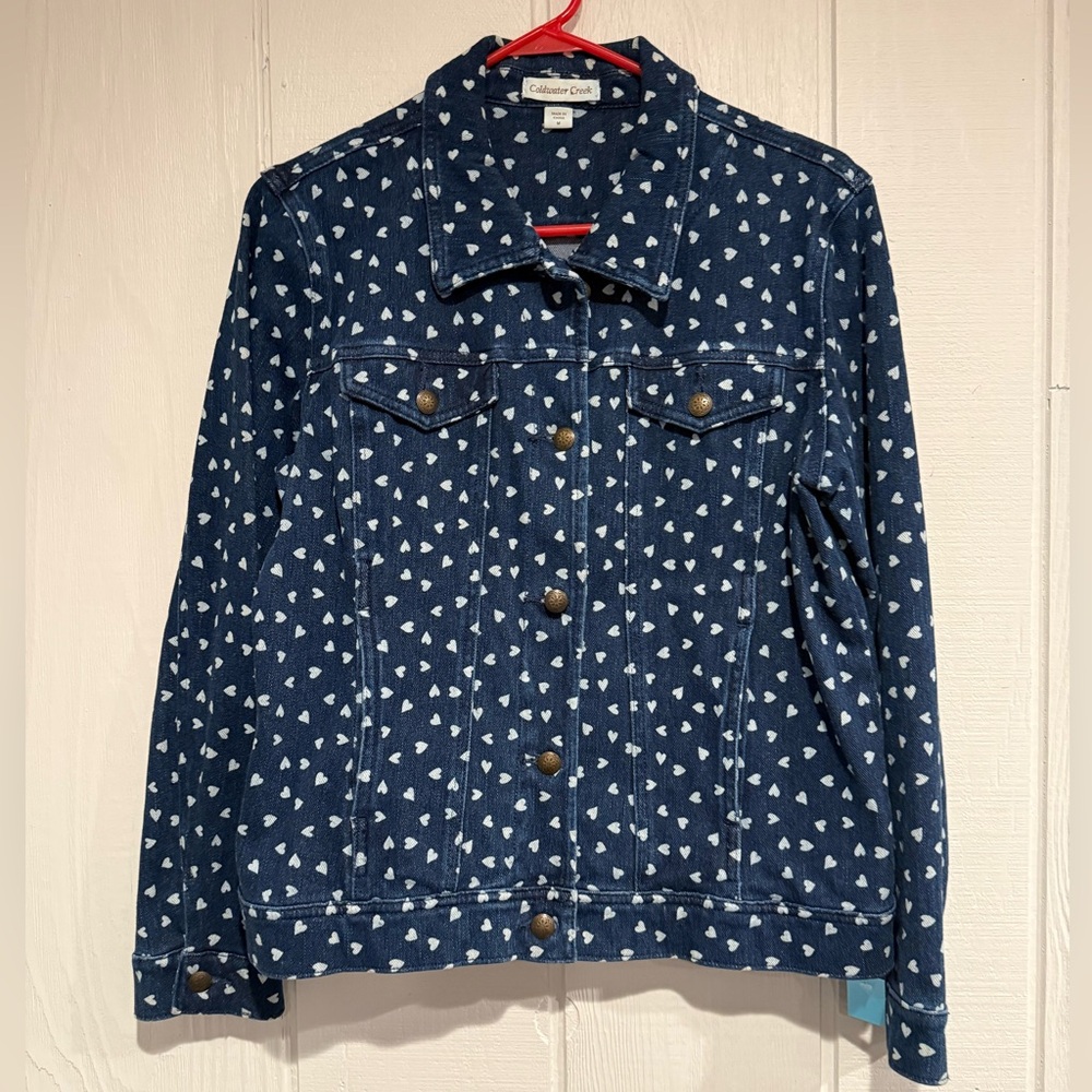 Coldwater Creek Blue Jean Jacket with White Heart Pattern